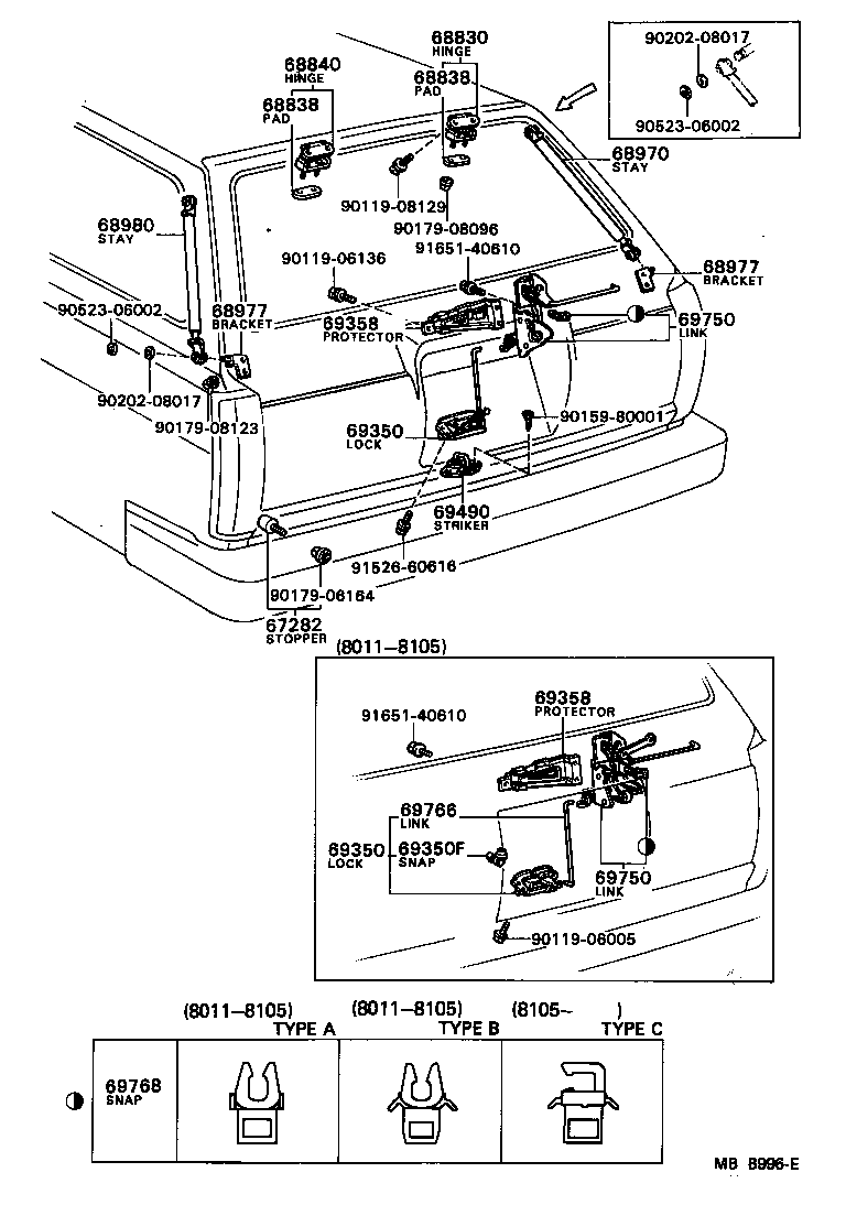 Toyota 68810-91605 HINGE ASSY, BACK DOOR, RH