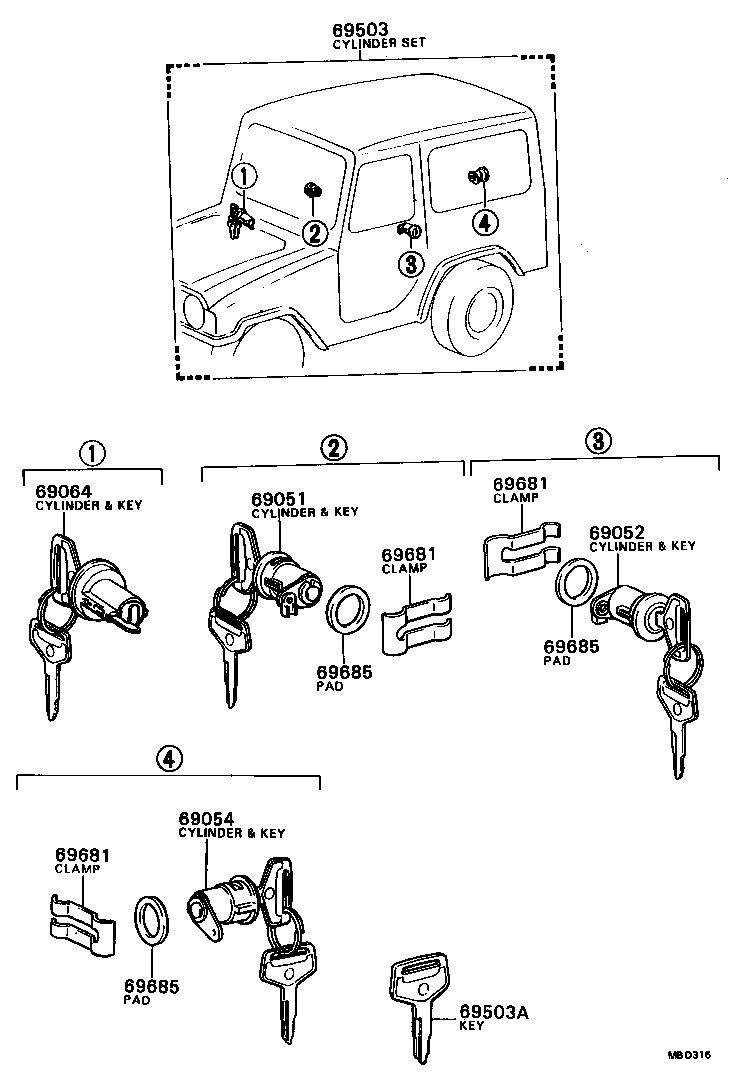 69052-87602 CYLINDER & KEY SET, DOOR LOCK, LH product image
