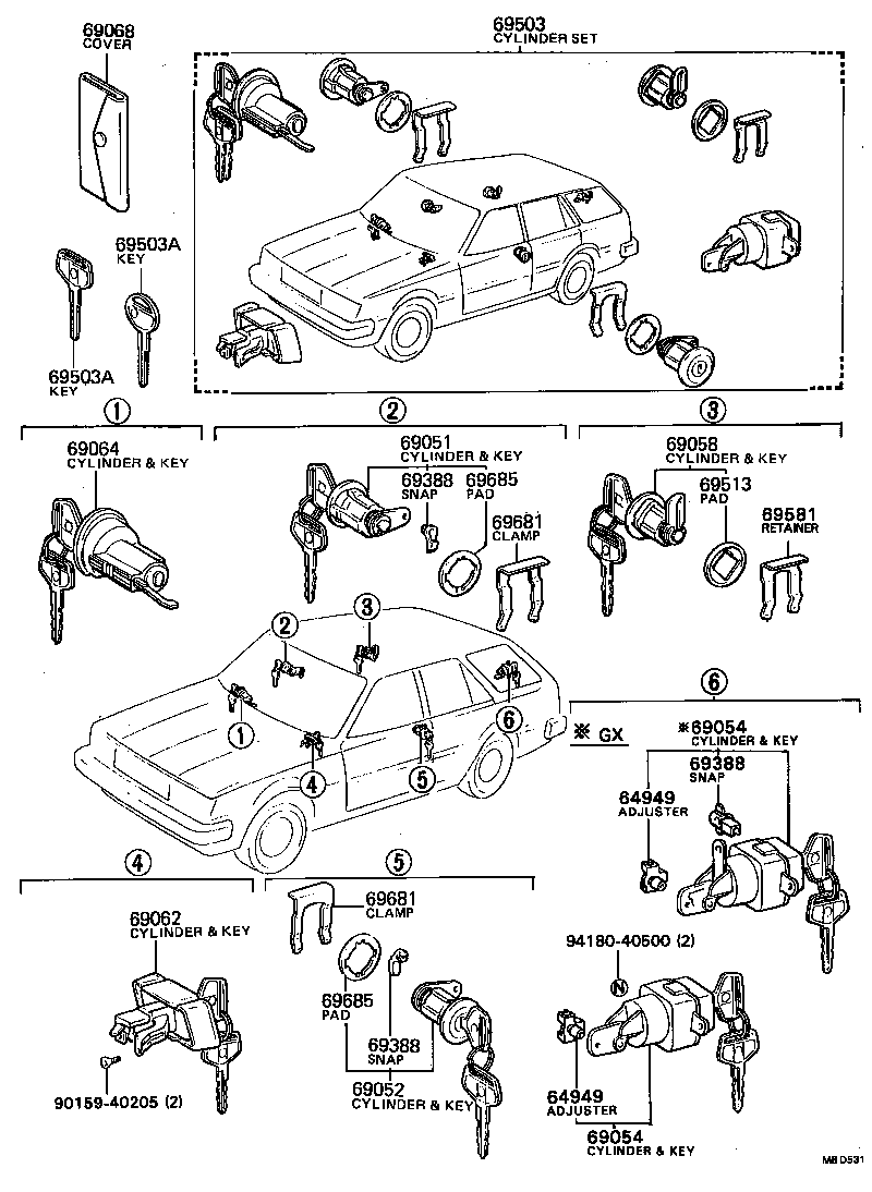 69052-91259 CYLINDER & KEY SET, DOOR LOCK, LH product image