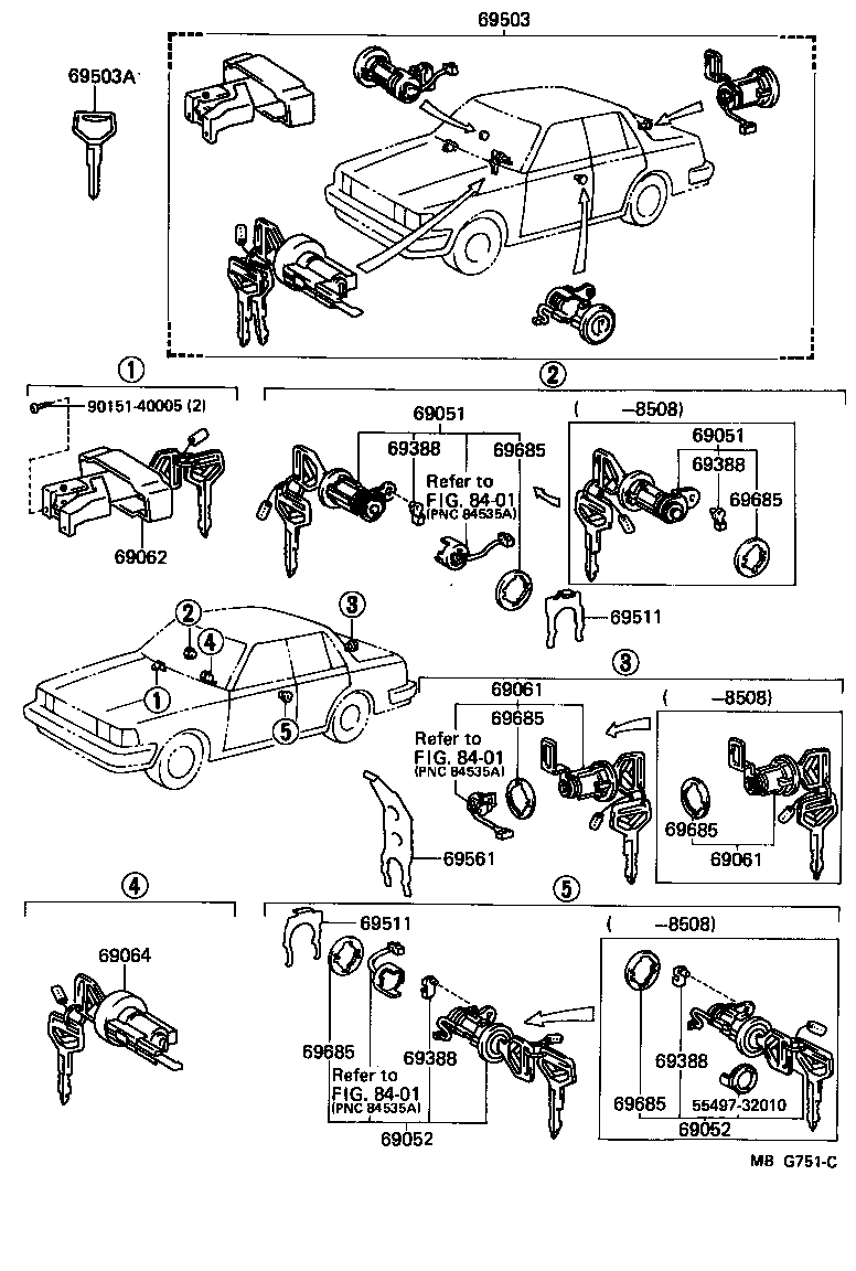 Toyota 69005-22301 CYLINDER SET, LOCK