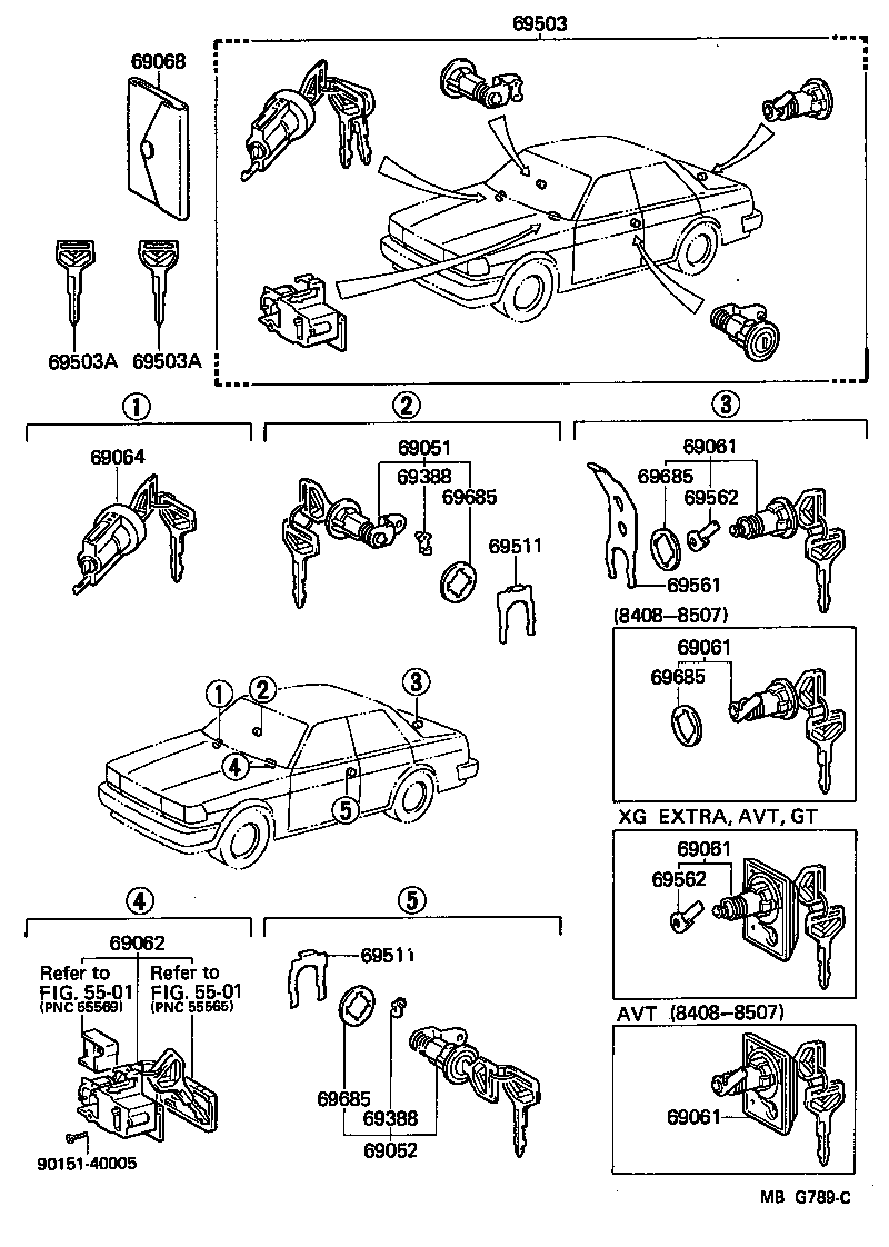 69055-91609 CYLINDER & KEY SET, LUGGAGE LOCK product image