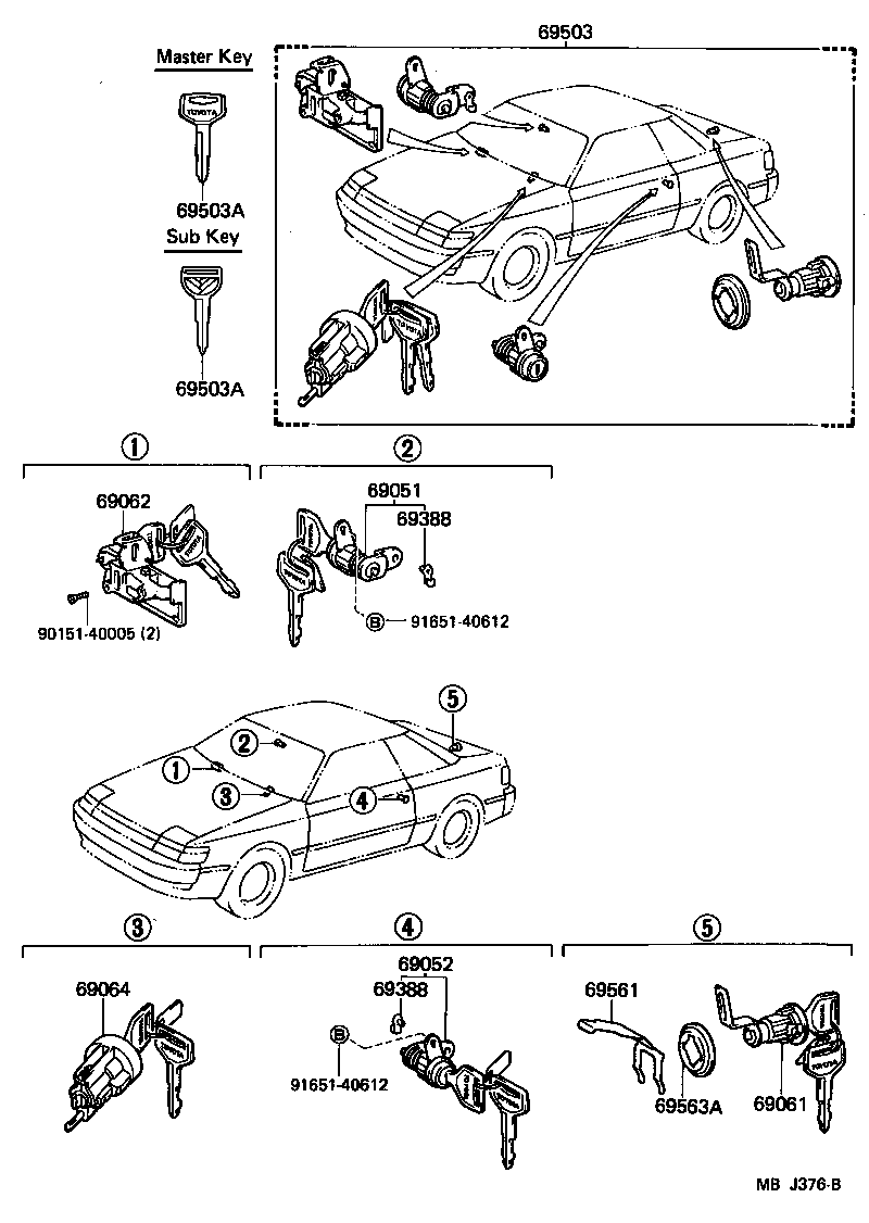 Toyota 69005-20340 CYLINDER SET, LOCK
