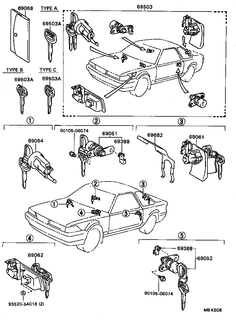 69052-24020 CYLINDER & KEY SET, DOOR LOCK, LH product image