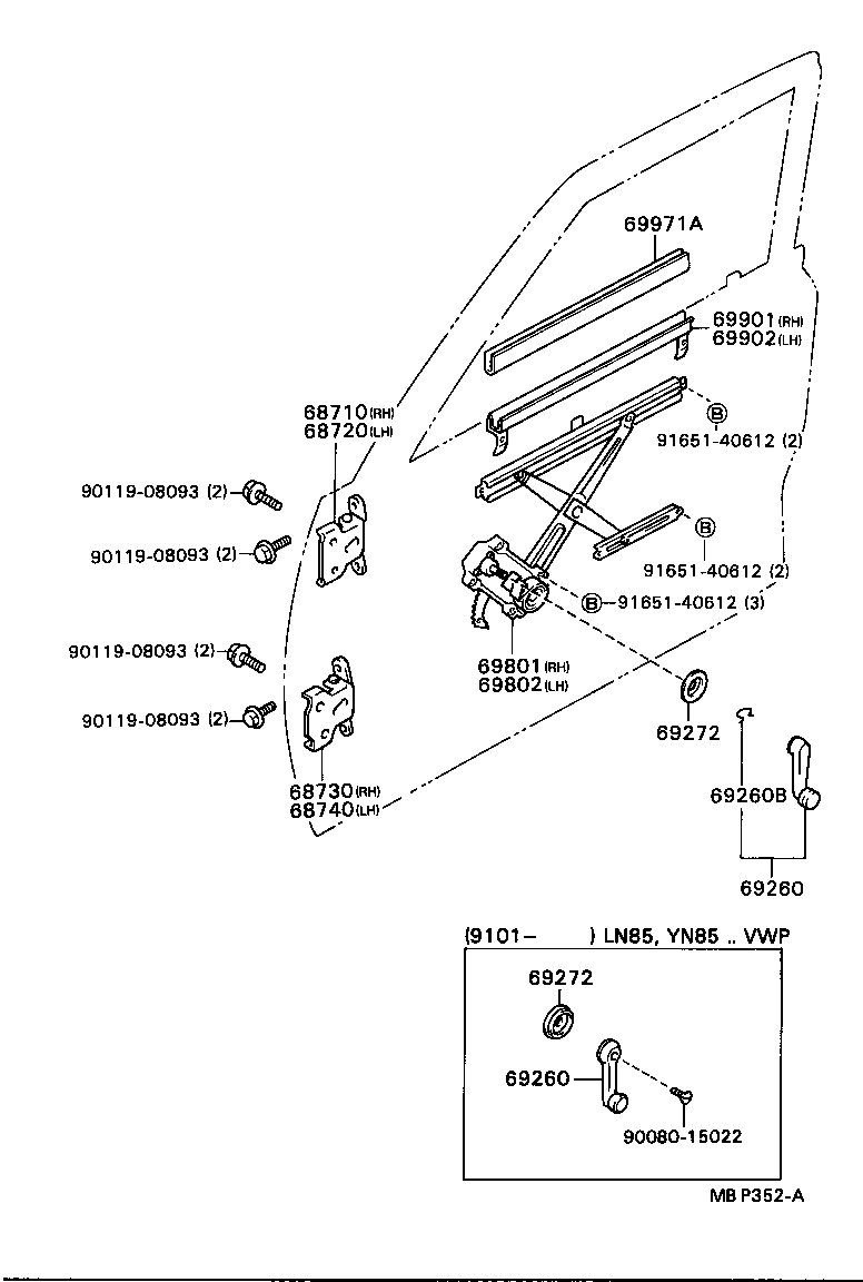 69820-04010 REGULATOR SUB-ASSY, FRONT DOOR WINDOW, LH product image