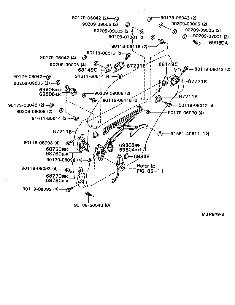 69804-22120 REGULATOR SUB-ASSY, REAR DOOR WINDOW, LH product image