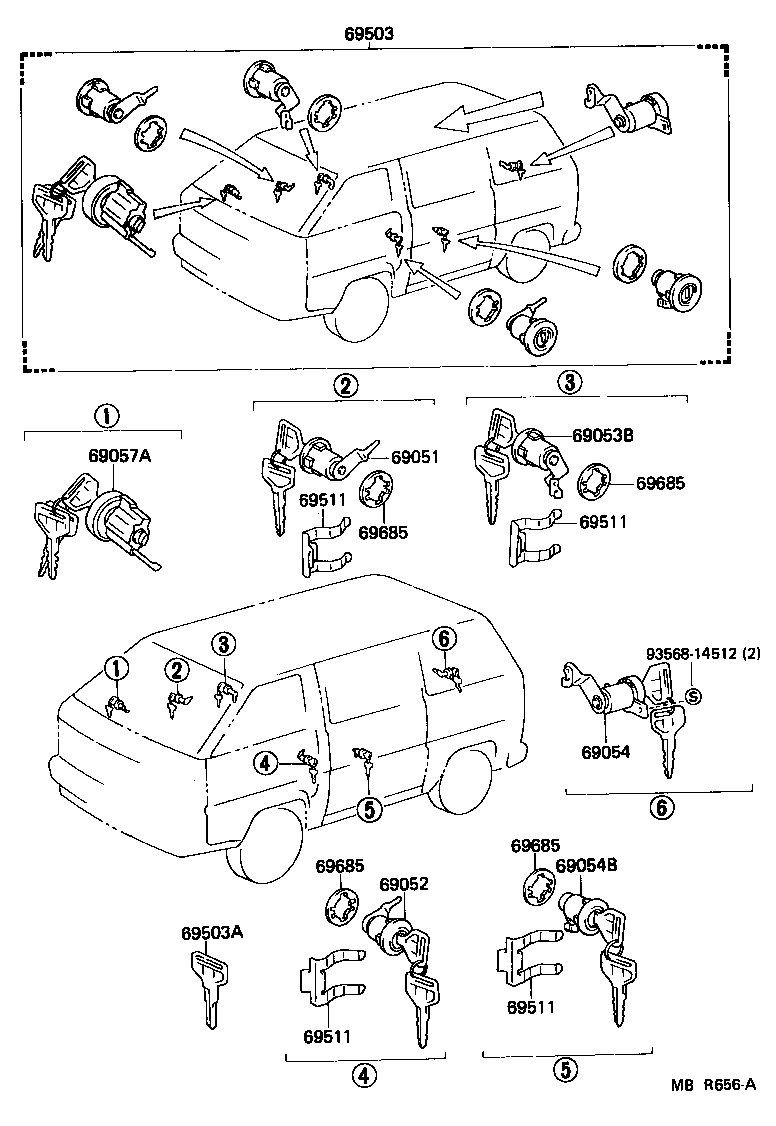 69054-95708 CYLINDER & KEY SET, SLIDE DOOR LOCK, LH product image