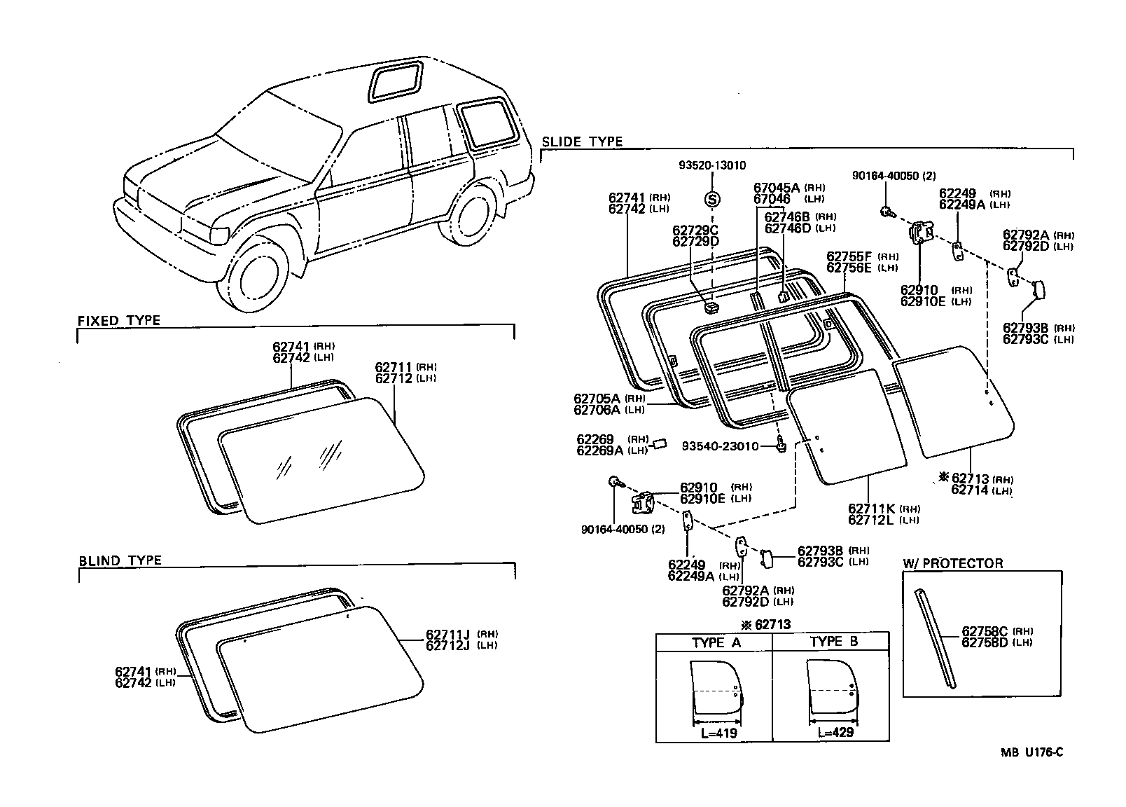 62713-60050 GLASS, QUARTER WINDOW, REAR RH product image