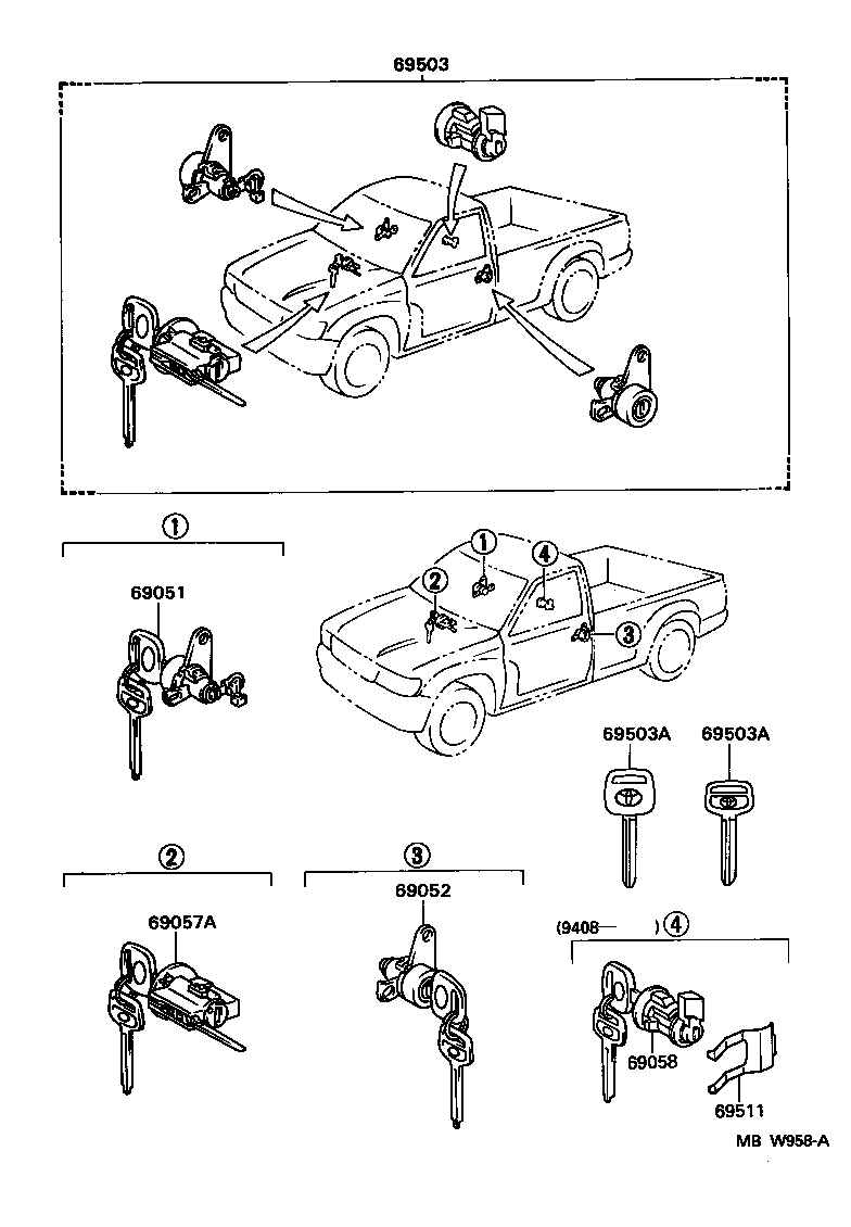 Toyota 69005-34030 CYLINDER SET, LOCK