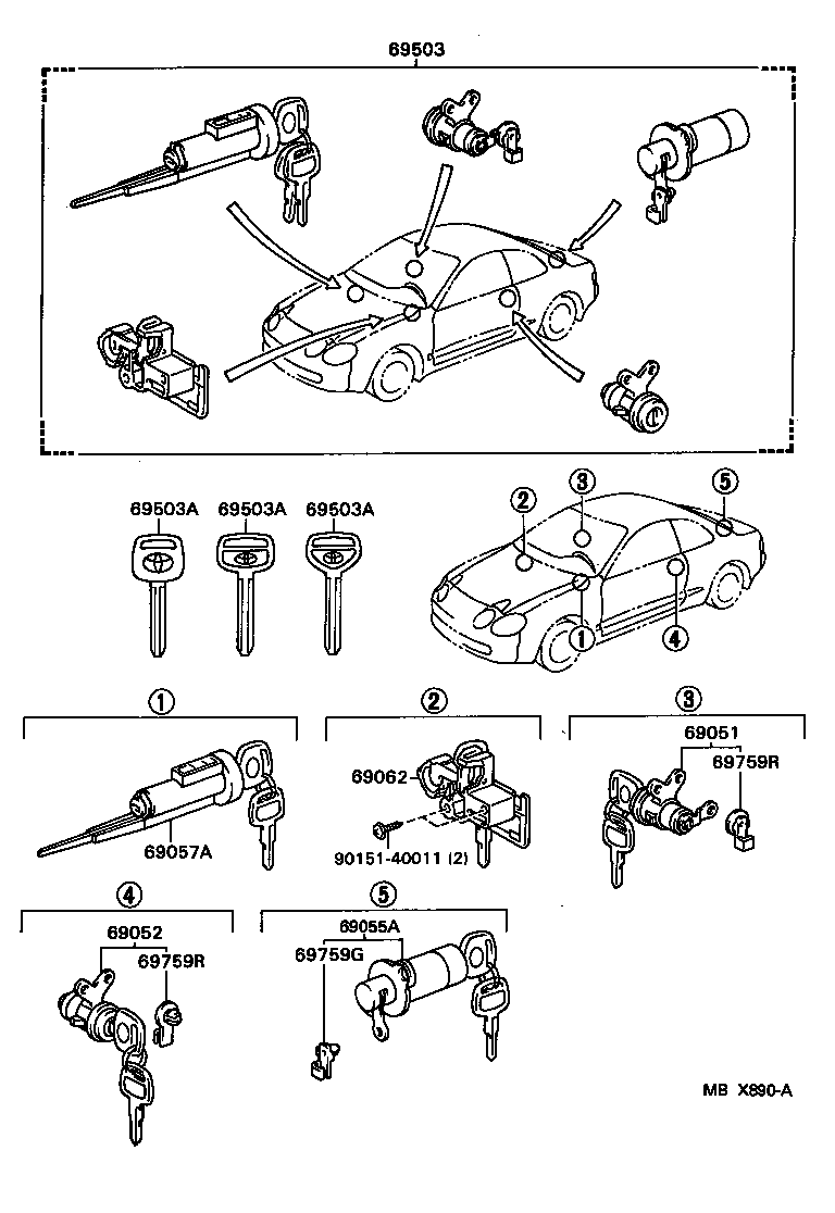 Toyota 69005-2B350 CYLINDER SET, LOCK