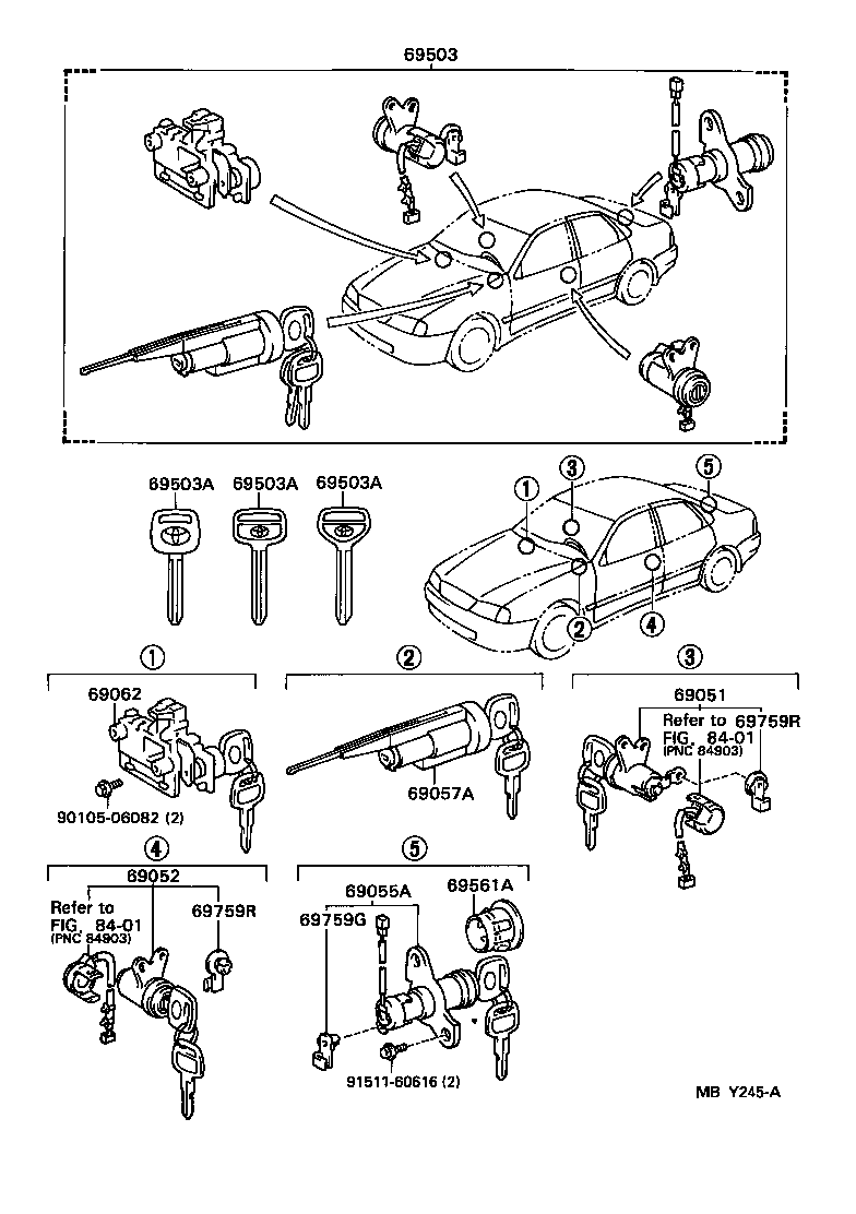 Toyota 69005-41080 CYLINDER SET, LOCK