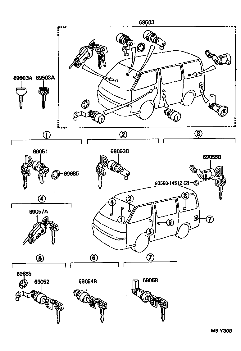 69053-95J07 CYLINDER & KEY SET, SLIDE DOOR LOCK, RH product image