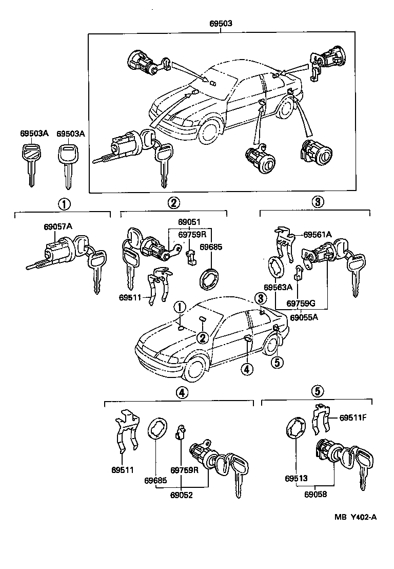 Toyota 69005-1G010 CYLINDER SET, LOCK