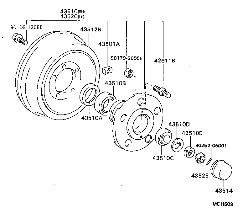 43510-36170 HUB AND BRAKE DRUM ASSY, FRONT AXLE, RH product image