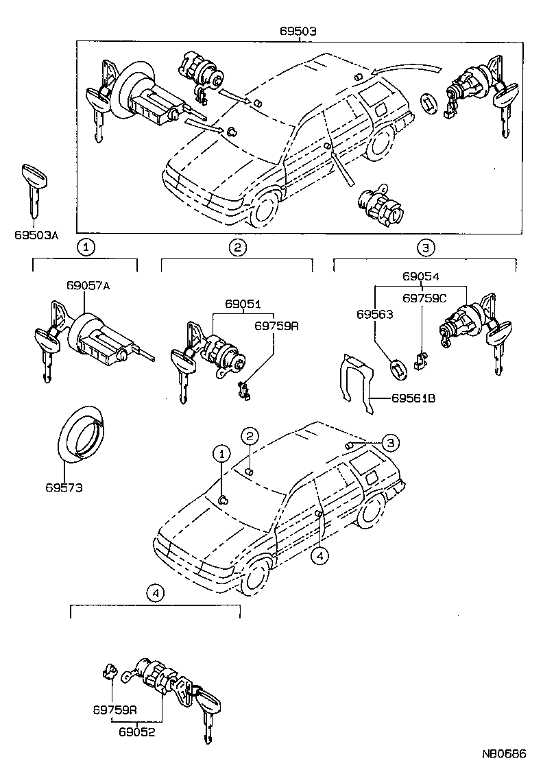 69051-12220 CYLINDER & KEY SET, DOOR LOCK, RH product image